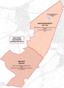 Map showing the location of the combined Southern Manydown landholdings on the western edge of Basingstoke. The combined landholdings comprise the south Manydown land being promoted by the two councils and the adjacent landholding being promoted by the Society of Merchant Venturers.