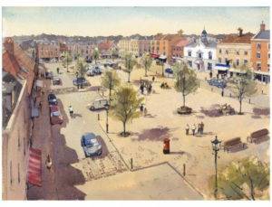 An artist's impression of how a local centre within Manydown could look